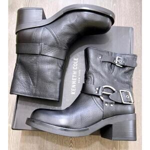 Kenneth Cole Stride Black Leather Block Heel Boots Women Size 8